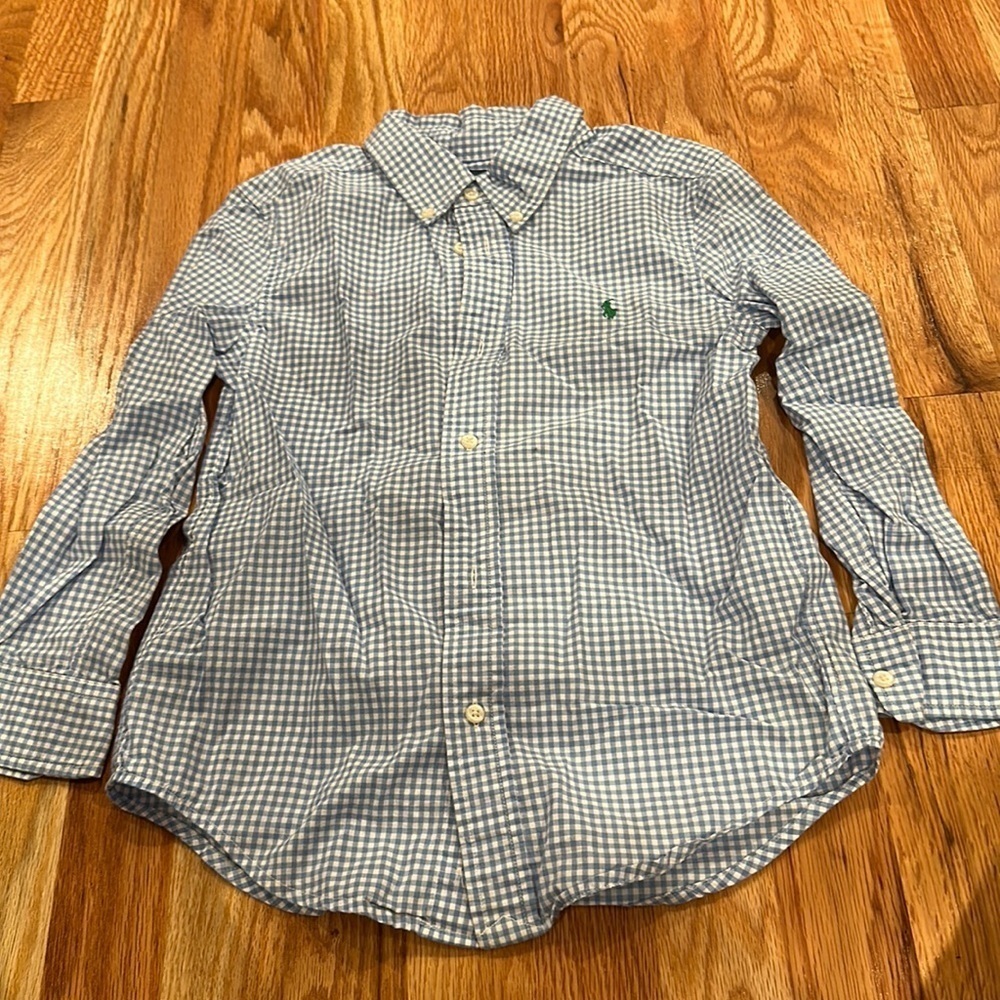 Boys Ralph Lauren Button Down Shirt. Size 6. Blue and White Striped Pattern.